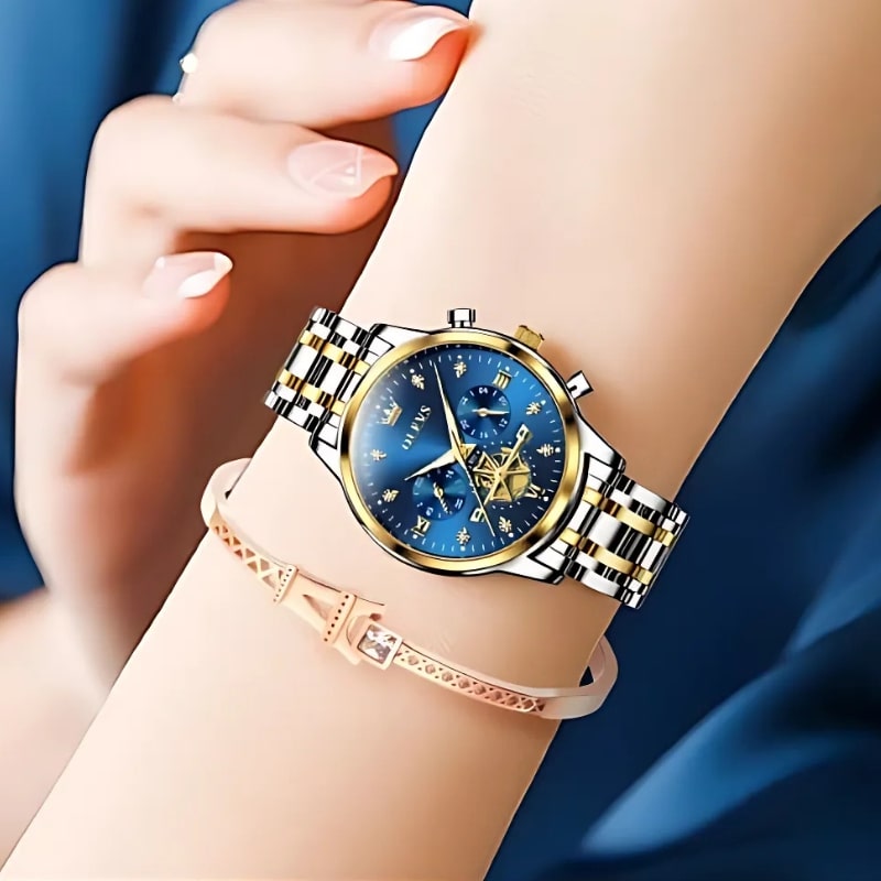 Szykowny damski chronograf z niebieską tarczą i złotymi akcentami