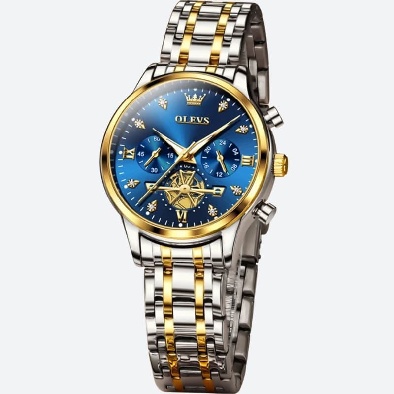 Elegancki zegarek damski chronograf Olevs z niebieską tarczą i złotymi akcentami
