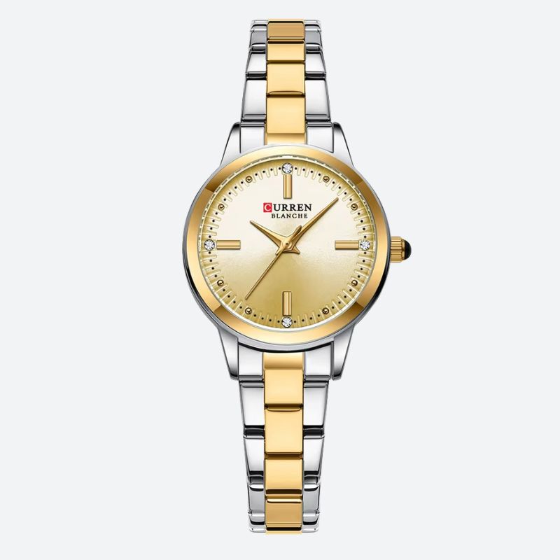 Zegarek damski kwarcowy ze stali nierdzewnej dwutonowej z tarczą złoconą i akcentami diamentowymi