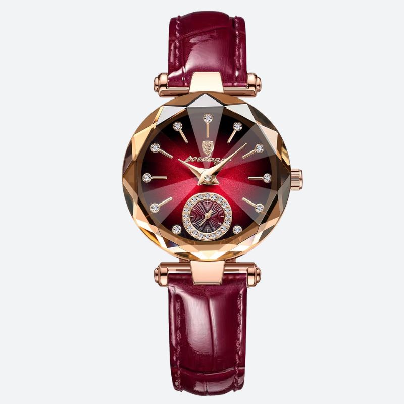 Zegarek damski luksusowy w różowym złocie z bransoletą z burgundowej skóry