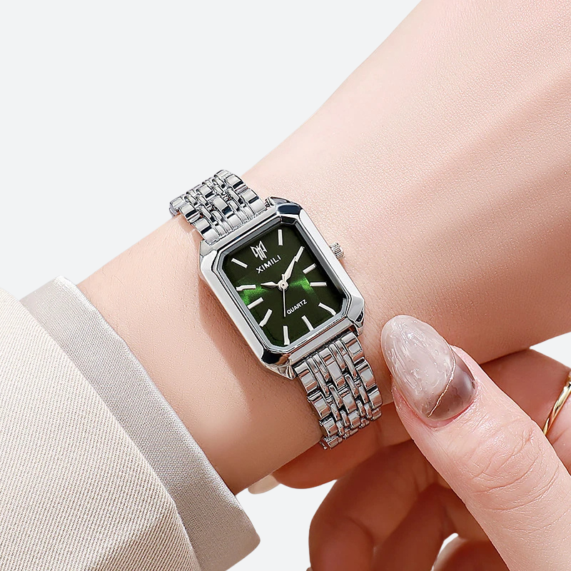 zegarek damski prostokątny srebrny - Zielony - Montre Vintage Femme