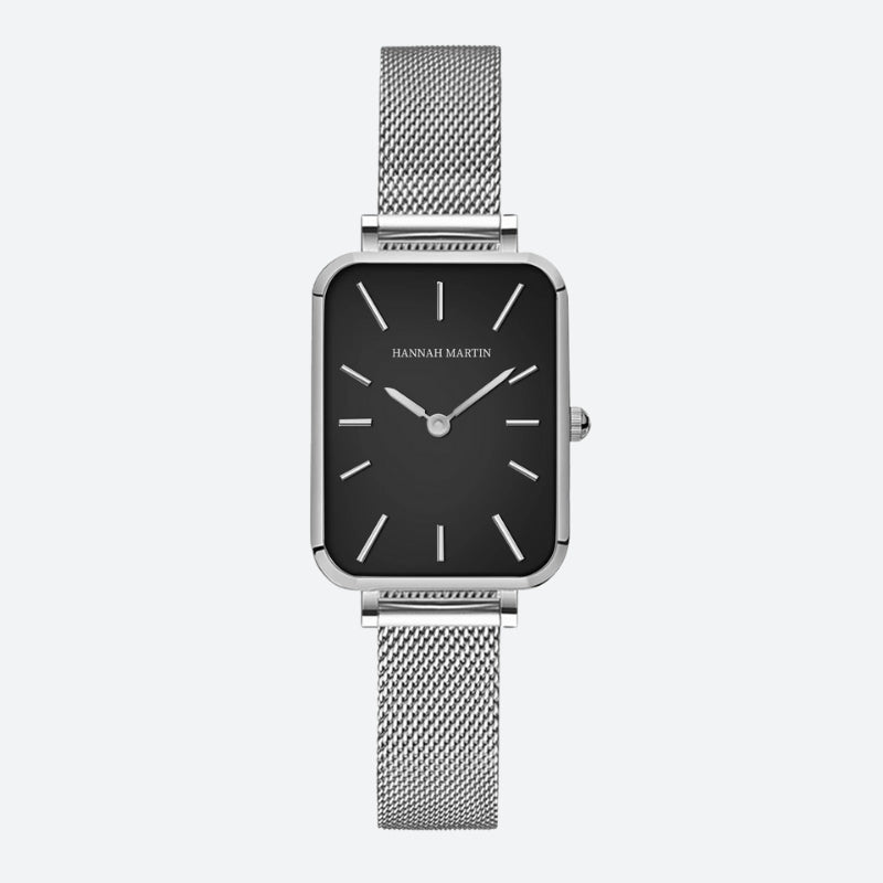 zegarek damski prostokątny z bransoletą - srebrno–czarny - Montre Vintage Femme