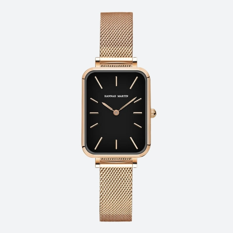 zegarek damski prostokątny z bransoletą - złoto–czarny - Montre Vintage Femme