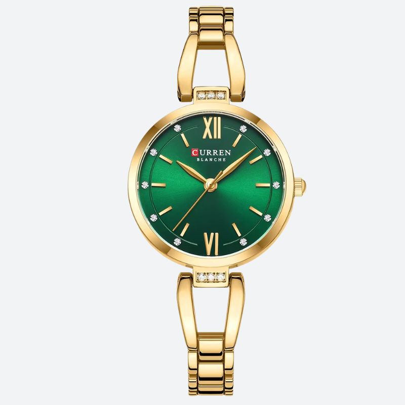 Złoty damski zegarek kwarcowy z zieloną tarczą i kryształkami