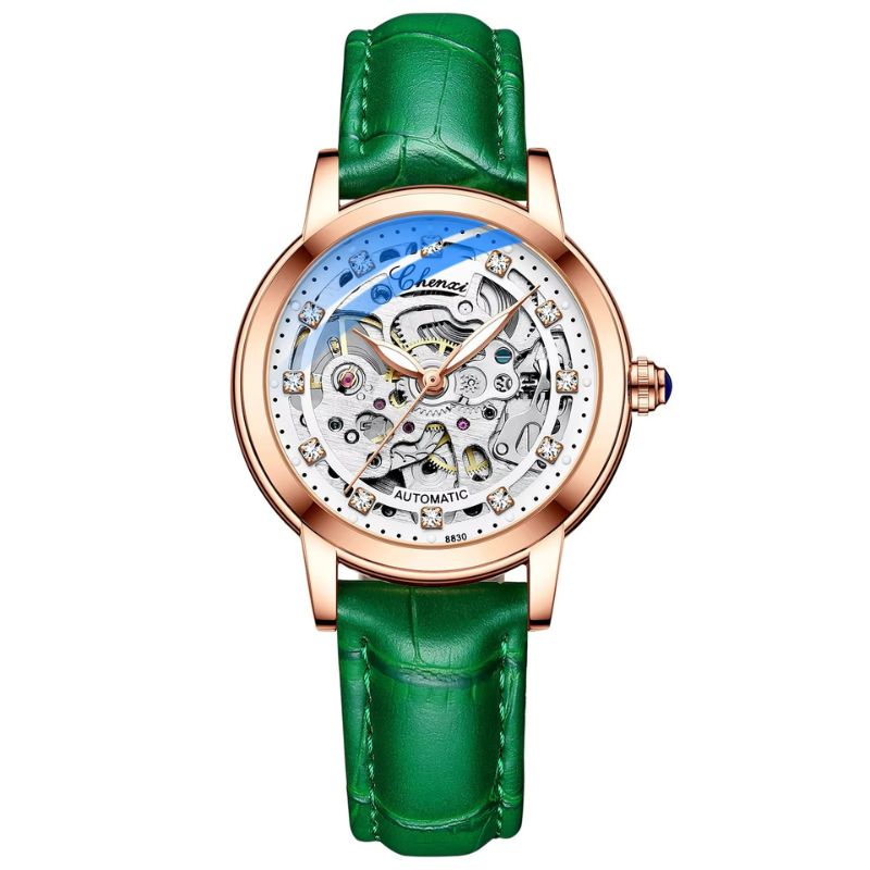 Zegarek damski skeleton rose gold z zielonym paskiem krokodylowym i diamentami