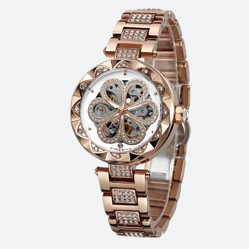 Zegarek damski rose gold z tarczą w kształcie koniczyny i cyrkoniami