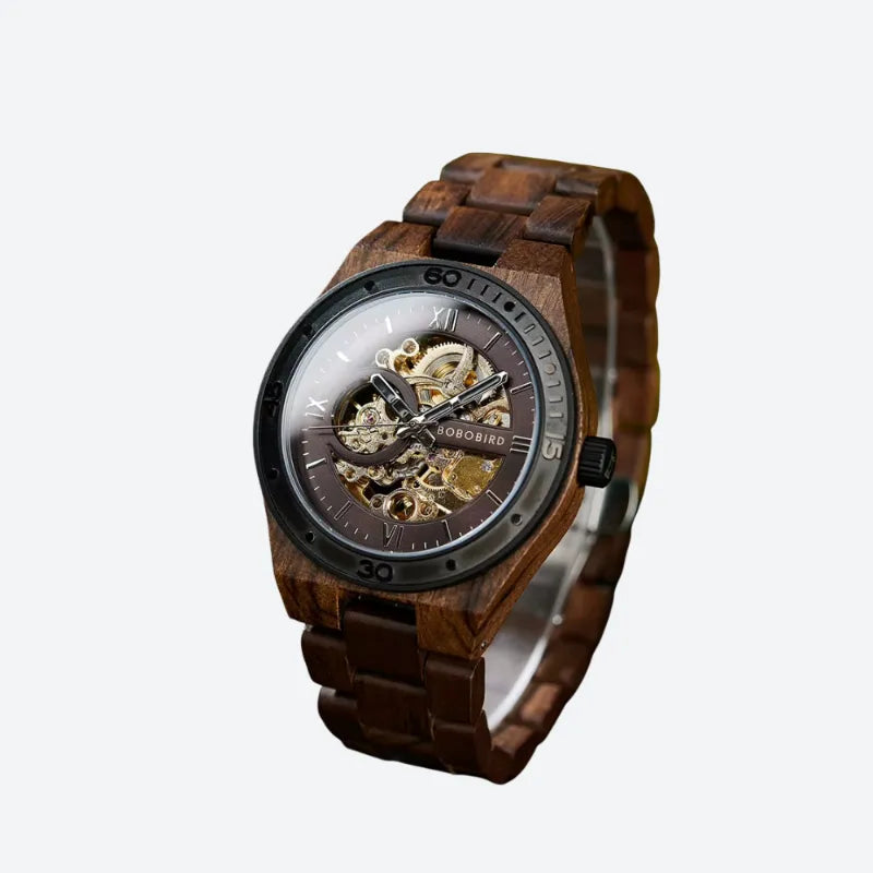 Szczotkowy męski zegarek drewniany z odsłoniętym mechanizmem