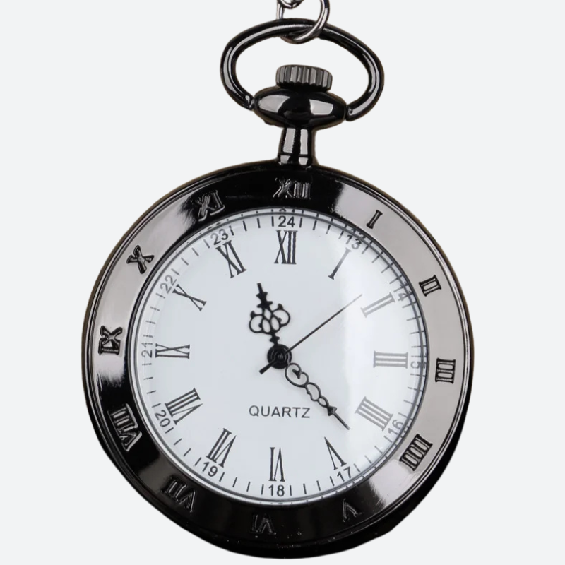 Czarny zegarek kieszonkowy nakręcany z białą tarczą i rzymskimi cyframi