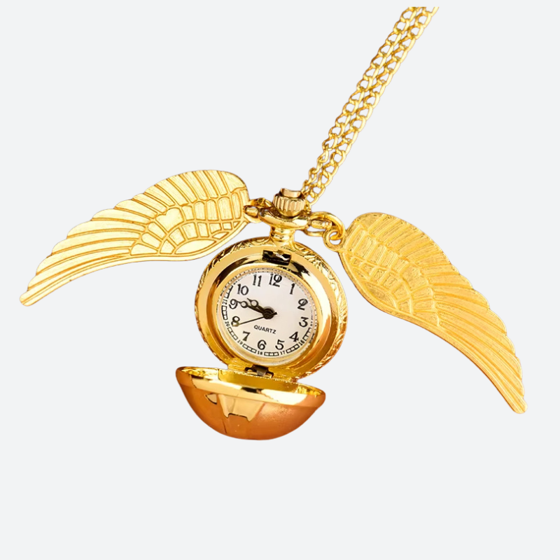 Złoty zegarek kieszonkowy z skrzydłami, tarczą kwarcową i łańcuszkiem
