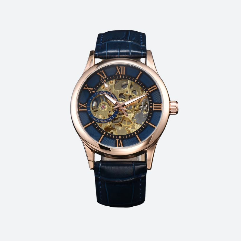 Zegarek mechaniczny automatyczny z różowego złota, niebieską tarczą i rzymskimi cyframi