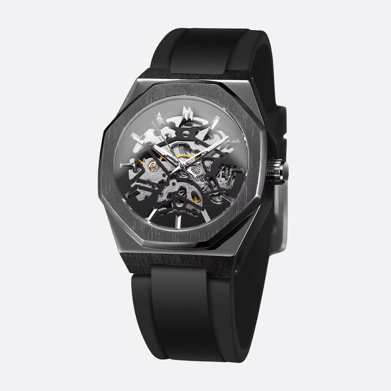 Czarny zegarek mechaniczny skeleton z osłonką i gumowym paskiem