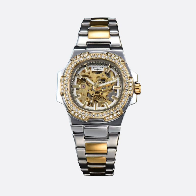 Zegarek mechaniczny szkieletowy Longlux dwutonowy ze stali i złota z diamentami