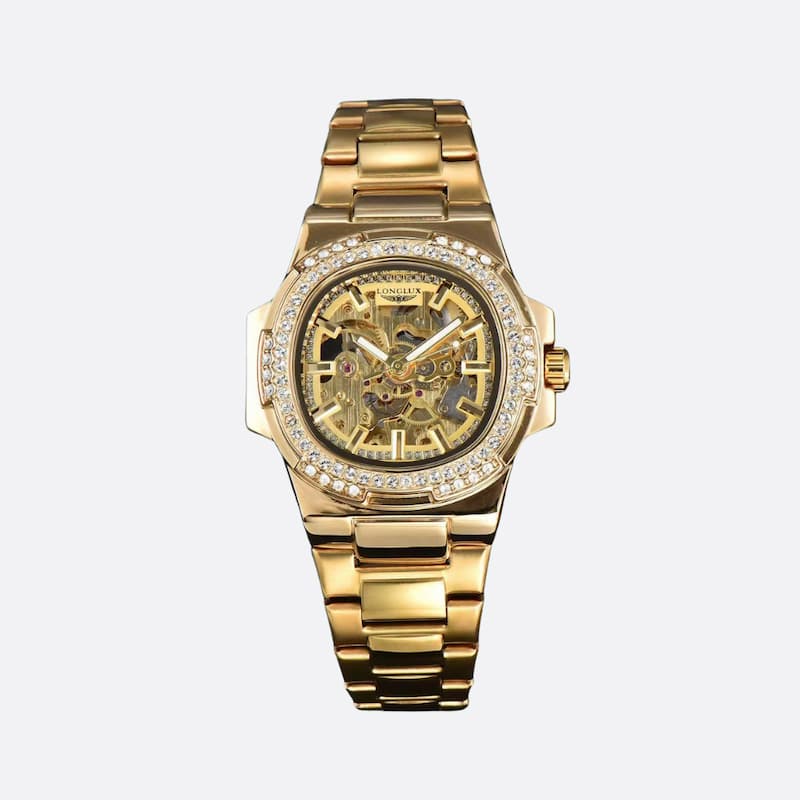 Złoty szkieletowy zegarek mechaniczny z diamentową lunetą i odsłoniętym mechanizmem