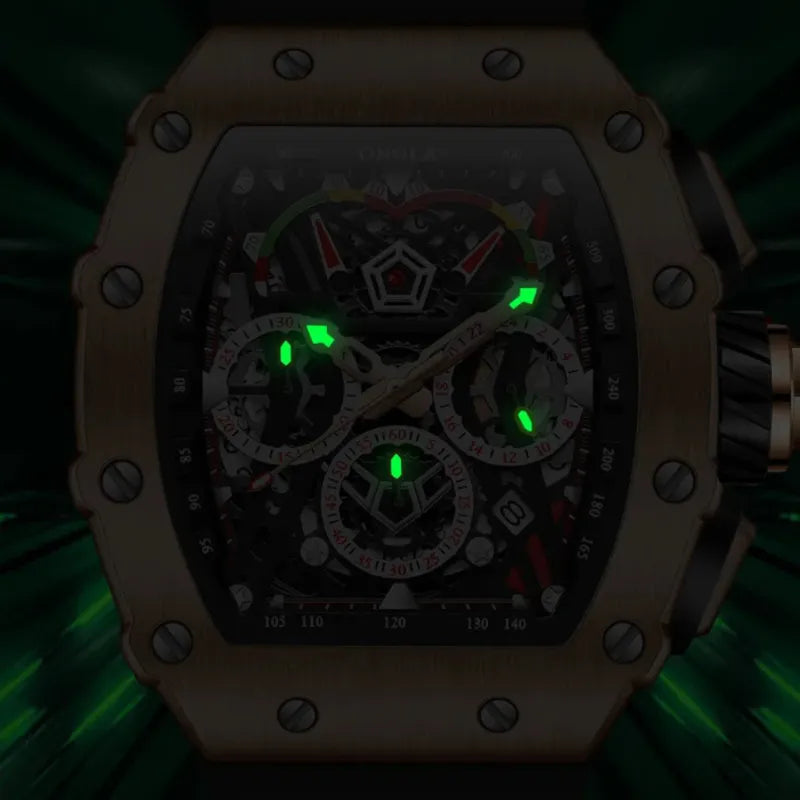 Złoty męski zegarek automatyczny Richard Mille tonneau ze szkieletowaną tarczą i świecącymi zielonymi wskazówkami