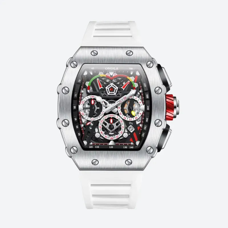 Szkieletowany chronograf męski automatyczny tonneau ze srebrnym mechanizmem