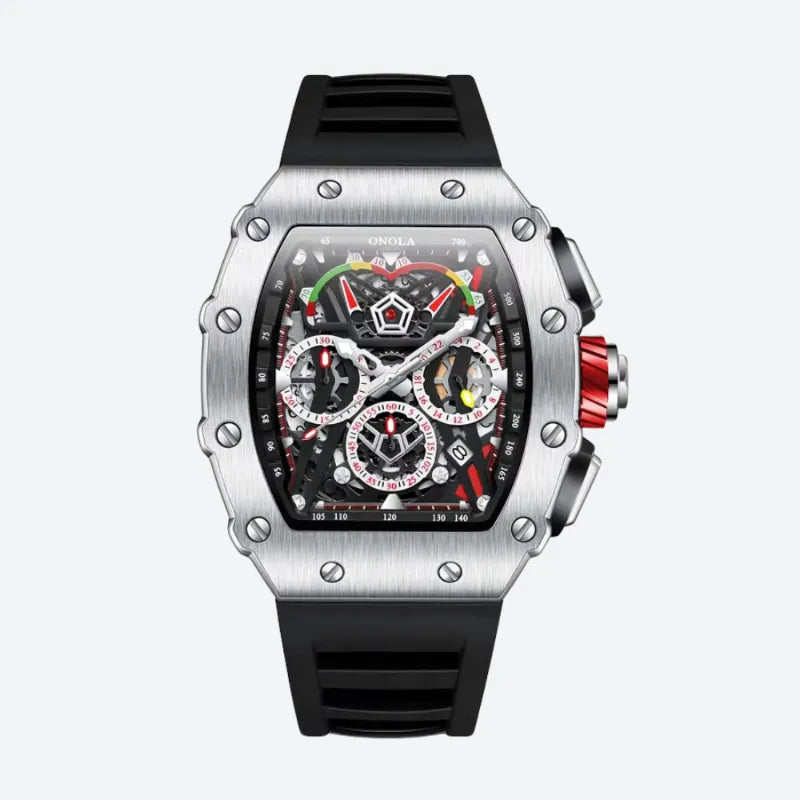 Srebrny szkieletowy chronograf tonneau z czarnym paskiem gumowym i czerwoną koronką