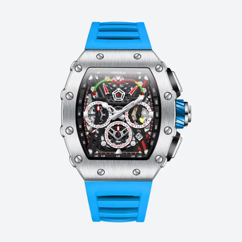 Męski automatyczny zegarek tonneau Osola chronograf z niebieskim paskiem i niebieską tarczą z subtarczami