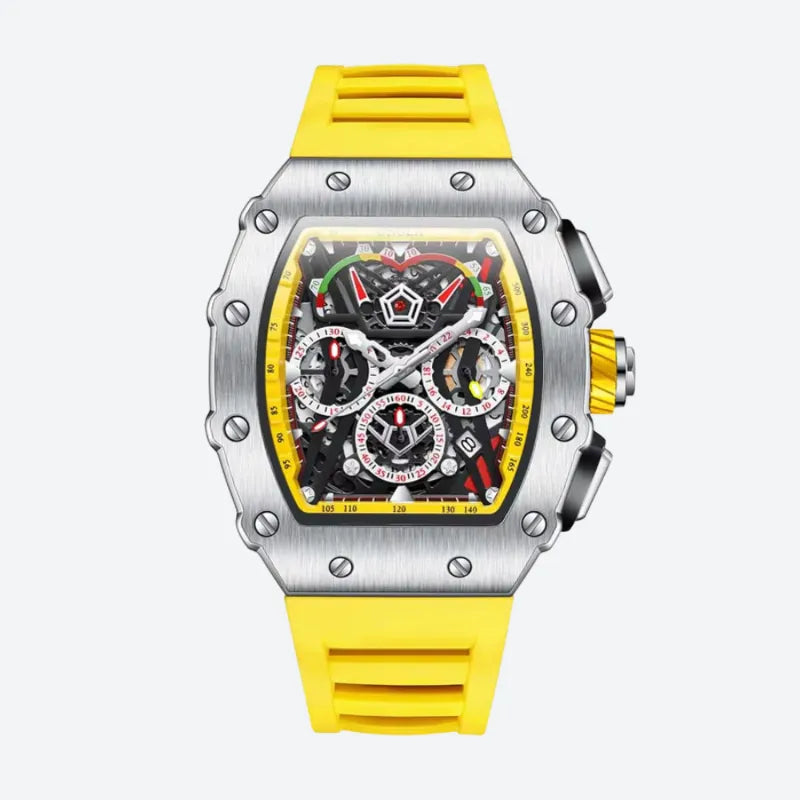 Zegarek męski Richard Mille chronograf tonneau, żółty i srebrny, szkieletowany cyferblat