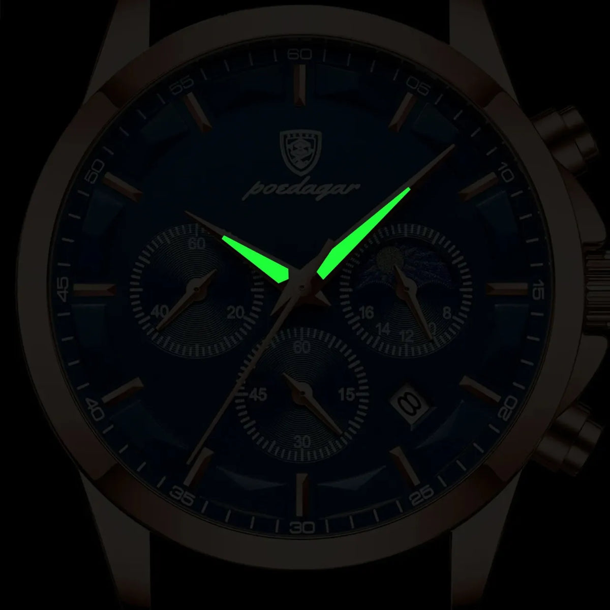 Ciemnoniebieski chronograf męski z brązowym paskiem, zielonymi luminescencyjnymi wskazówkami i różowozłotą kopertą