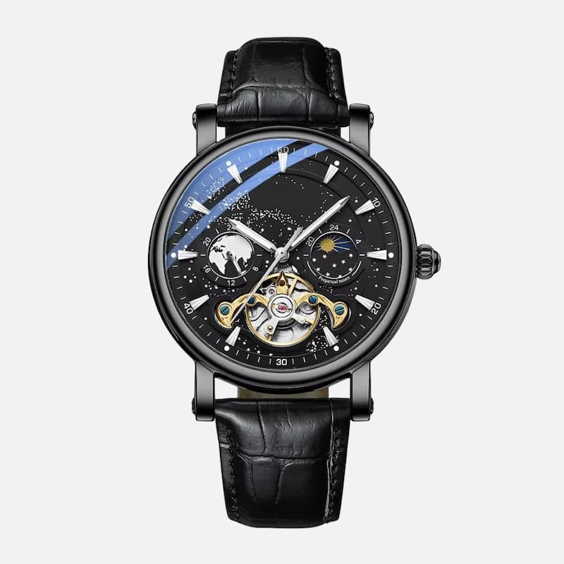 Elegancki męski zegarek automatyczny z czarnym paskiem ze skóry i tarczą z motywem kosmicznym