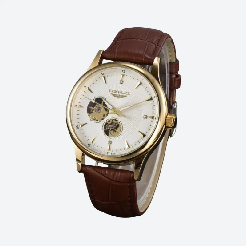 Złoty szkieletowy zegarek męski biznesowy z białą tarczą i brązowym paskiem ze skóry
