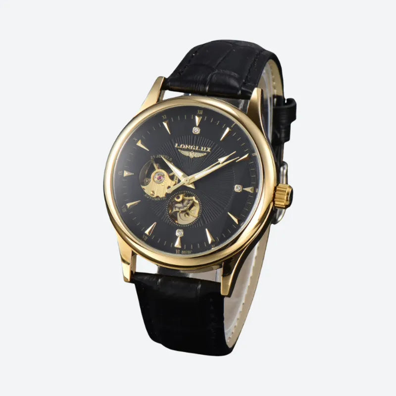 Złoty szkieletowy zegarek męski biznesowy z czarnym tarczem i paskiem ze skóry krokodylej