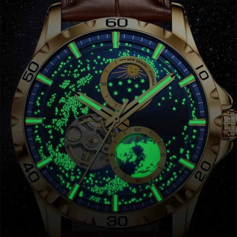 Złoty automatyczny zegarek męski z niebieską tarczą, gwiazdami i fazami księżyca