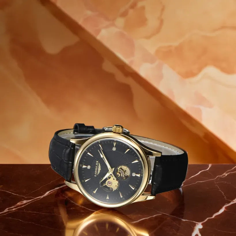 Elegancki męski zegarek biznesowy Longines w złotym tonie z czarną tarczą i skórzanym paskiem