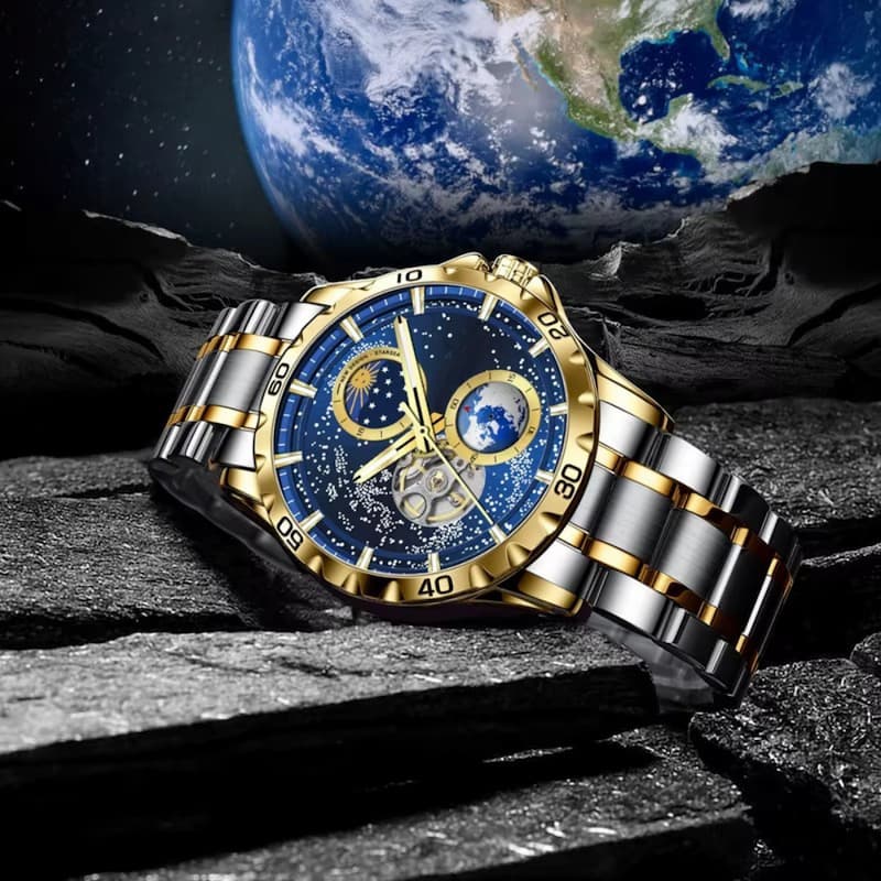 Luksusowy zegarek męski klasyczny automatyczny dwutonowy ze stali i złota z niebieską tarczą i motywami astronomicznymi