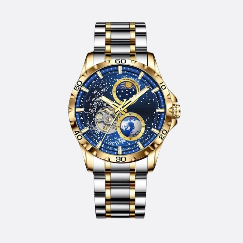 Zegarek męski klasyczny automatyczny dwutonowy ze stali i złota z niebieską tarczą niebiańską