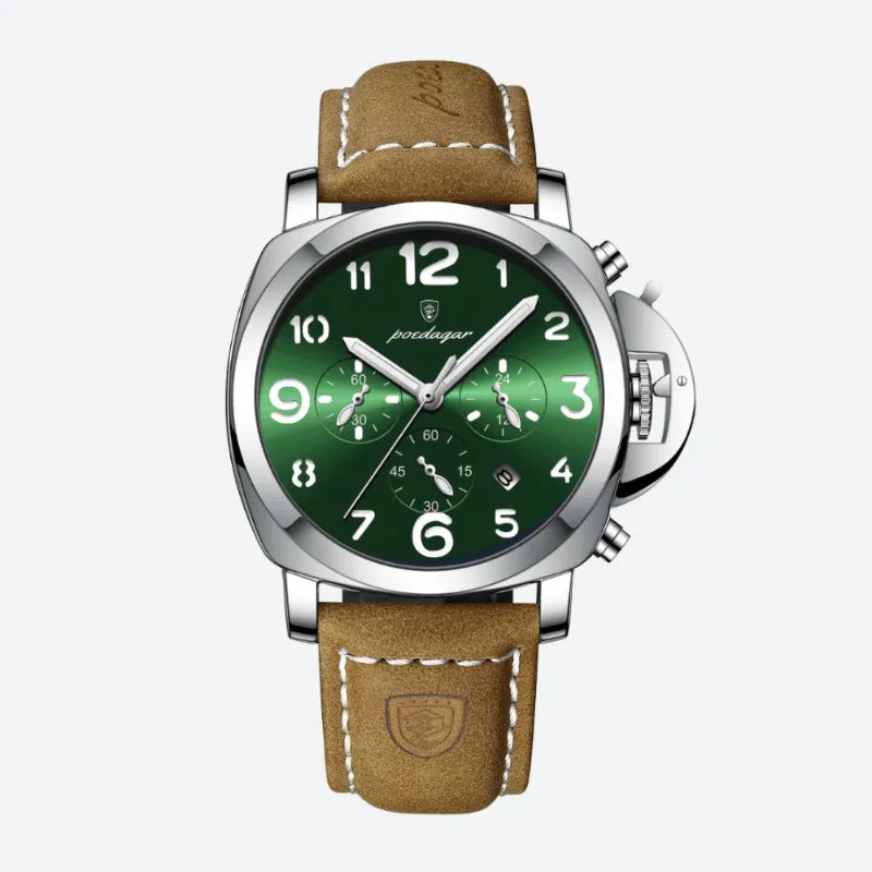 Zielony chronograf lotniczy męski z srebrną kopertą i brązowym paskiem ze skóry