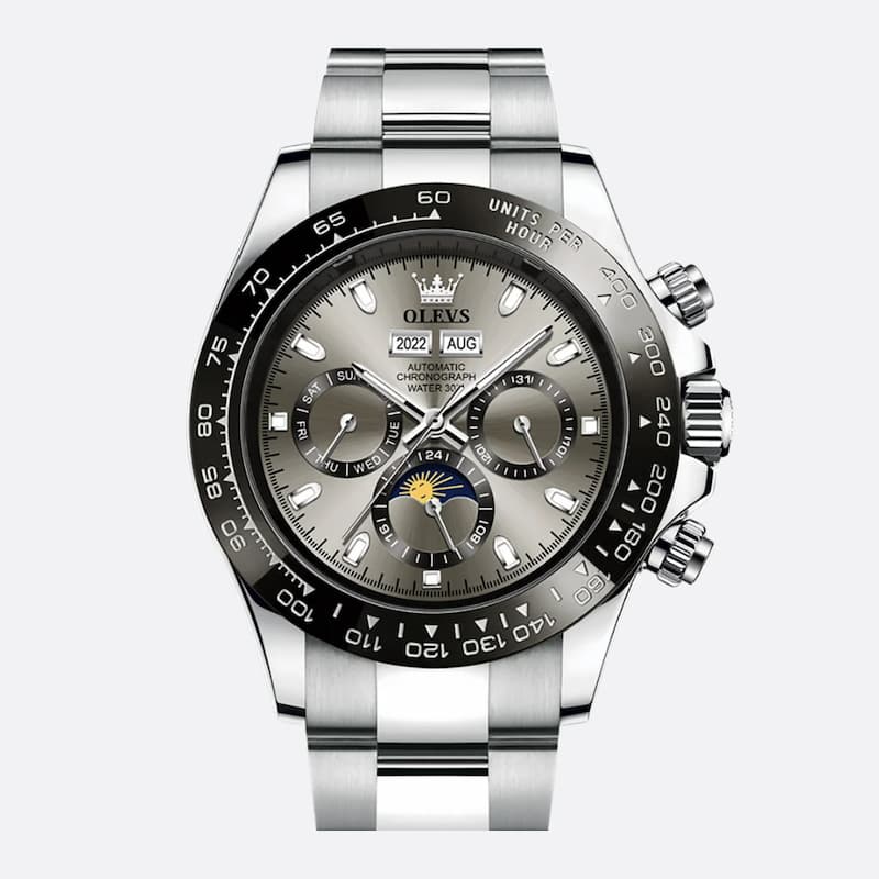 Zegarek męski Olevs chronograf srebrny z szarą tarczą i bransoletą stalową