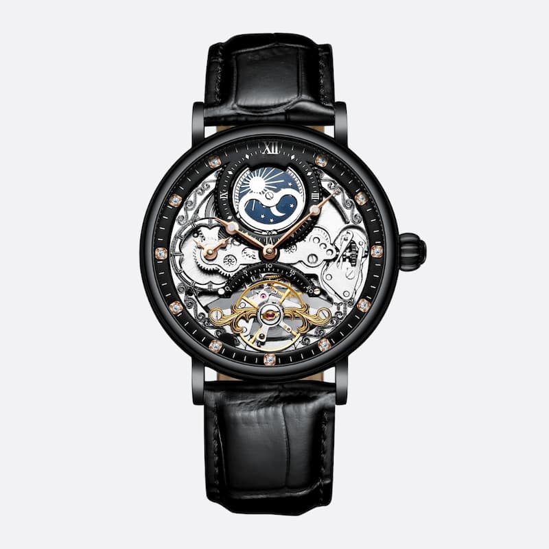 Męski zegarek szkieletowy z czarnym paskiem, tarczą z mechanizmem, fazami księżyca i kamieniami na ramce