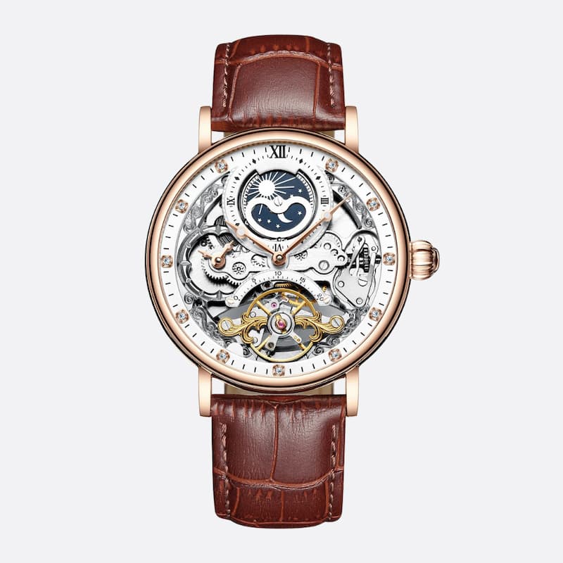 Zegarek męski szkieletowy z różowego złota, tarczą białą i fazą księżyca