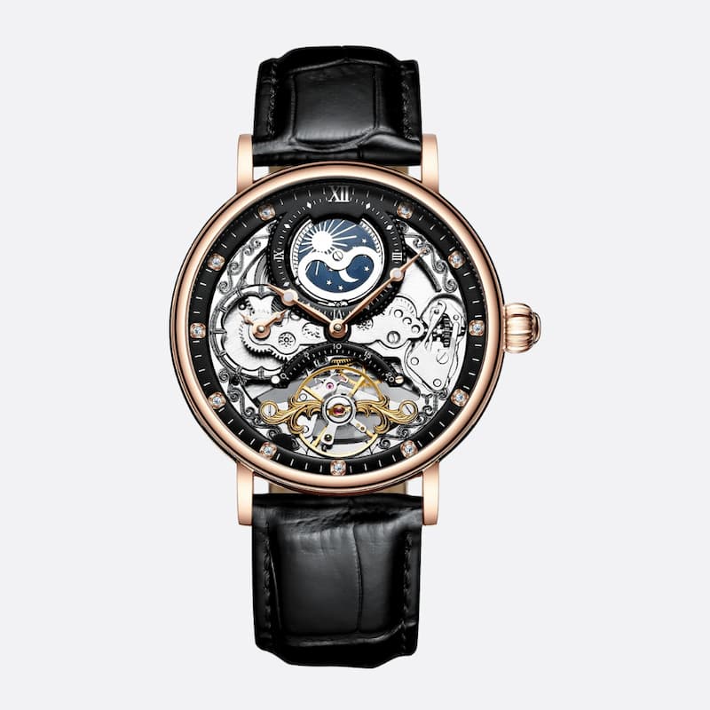 Zegarek męski szkieletowy z różowego złota, czarnym paskiem i diamentami