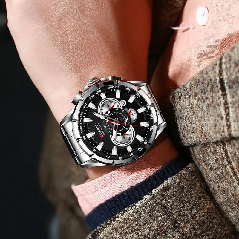 Męski srebrny chronograf z czarną tarczą i bransoletą stalową
