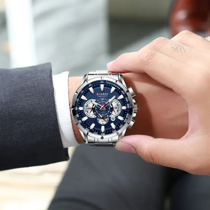 Zegarek męski chronograf srebrny z niebieską tarczą i stalową bransoletą