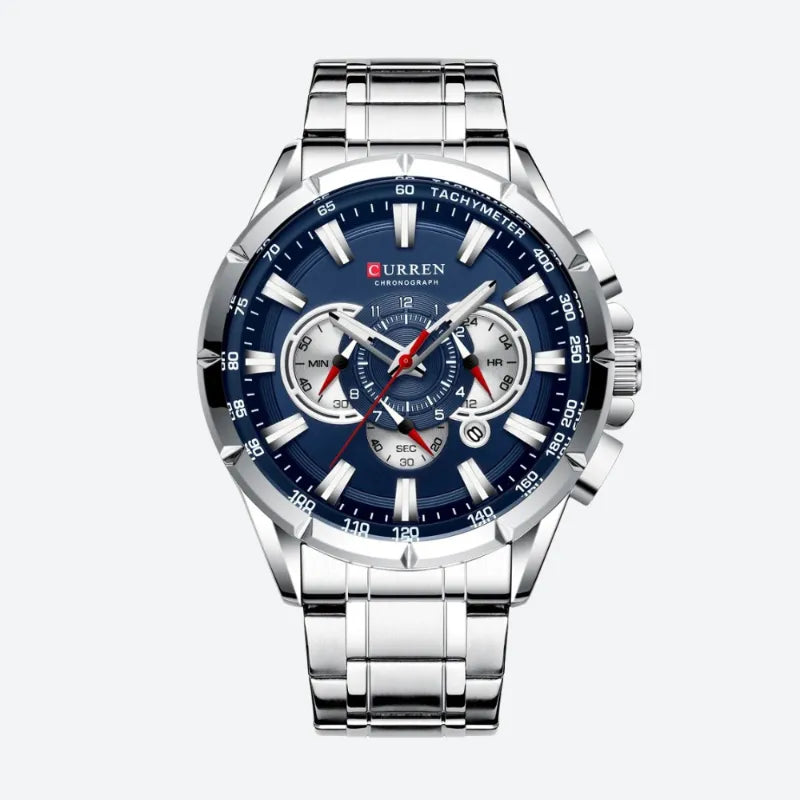 Zegarek męski chronograf srebrny z niebieską tarczą i czerwonymi wskazówkami