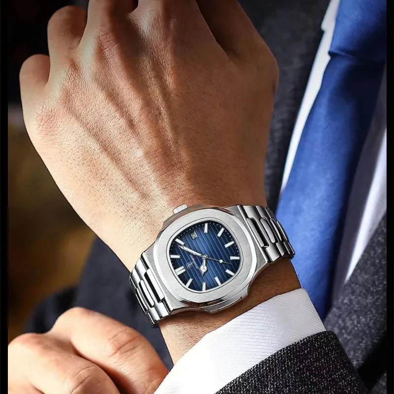 Zegarek quartz męski Patek Philippe Nautilus ze srebrnym tonem i niebieską tarczą