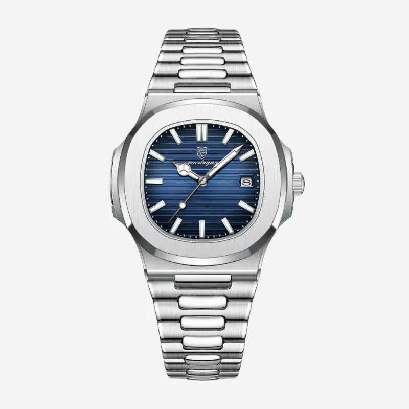 Elegancki męski zegarek kwarcowy Patek Philippe ze srebrną kopertą i niebieską tarczą