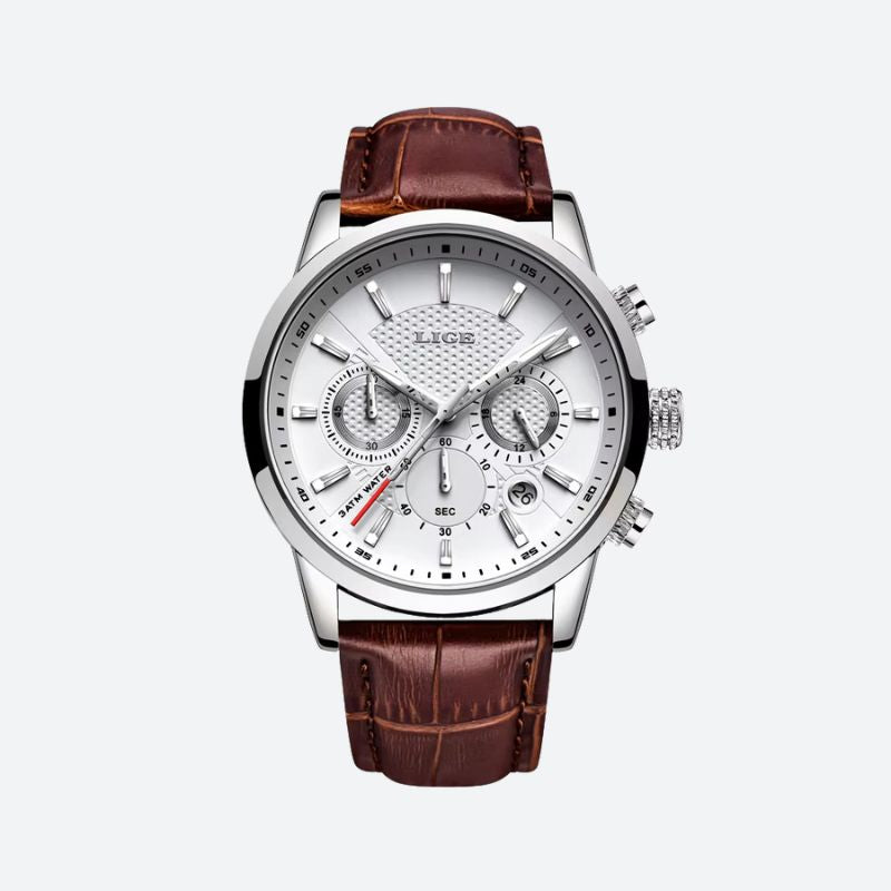 Srebrny chronograf z białą tarczą i brązowym paskiem ze skóry aligatora