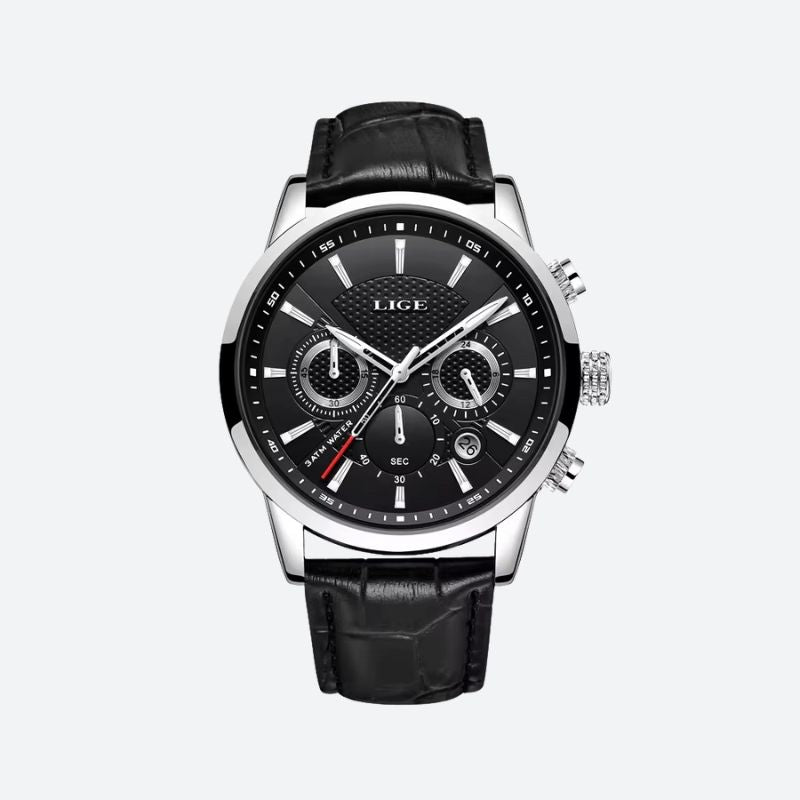 Zegarek męski na skórzanym pasku z czarną tarczą i chronografem