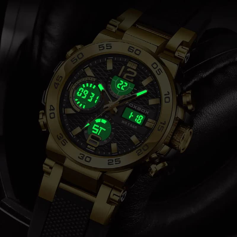 Luksusowy sportowy zegarek z chronografem, złotym tonem, czarną tarczą i zielonymi LED-ami
