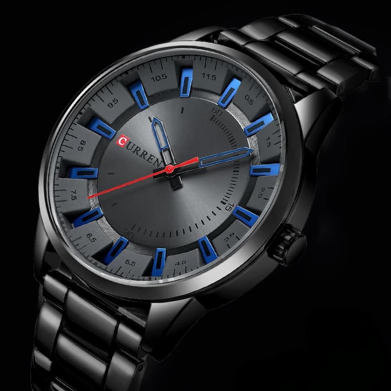 Czarny metalowy zegarek Curren ze stali nierdzewnej, szara tarcza, niebieskie znaczniki, czerwona sekundnik