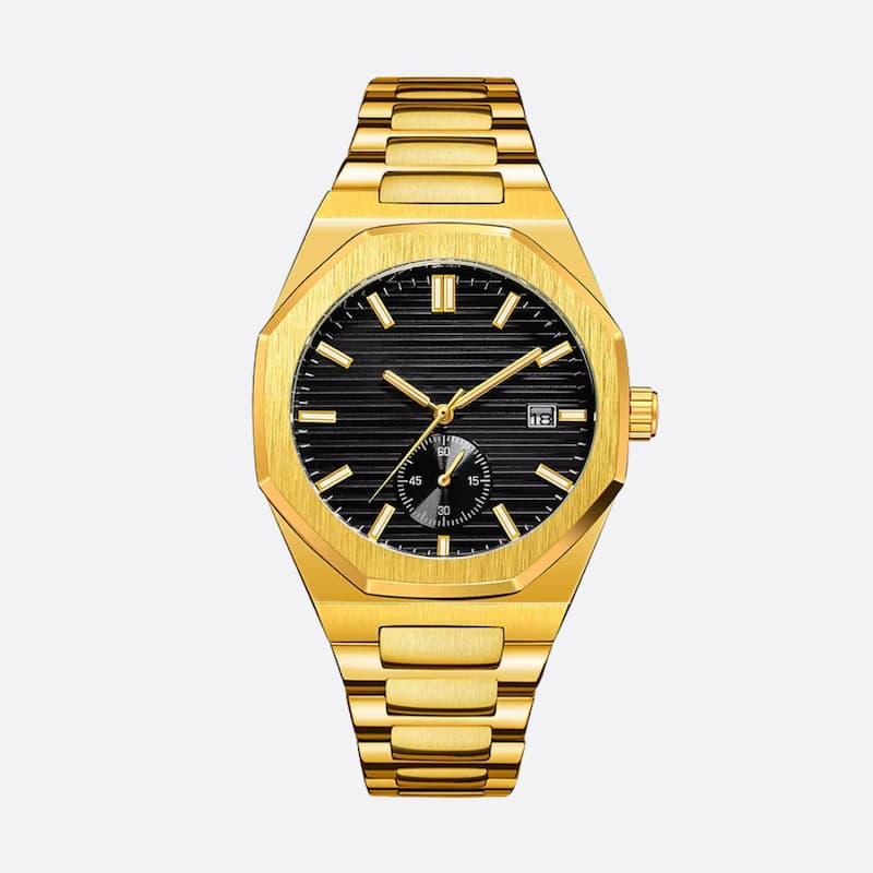 Złoty męski zegarek automatyczny oktagonalny z czarną tarczą i datą o 3