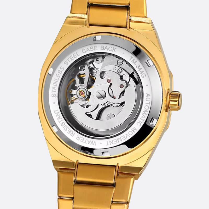 Złoty męski zegarek automatyczny ze stali nierdzewnej i widocznym mechanizmem