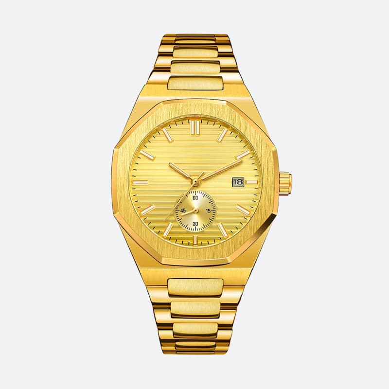 Złoty męski zegarek automatyczny z oktagonalną tarczą i bransoletą